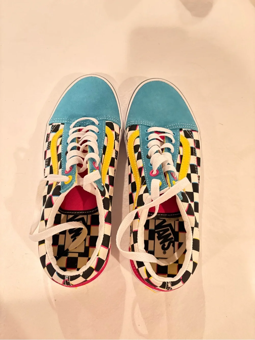 Vans Checkerboard Low-Top Sneakers in Turquoise, Yellow, Black & White